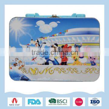 Rectangular colorful patterns lunch tin boxes with lock and handle for children