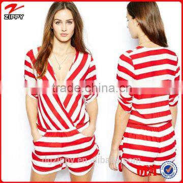 2014 New Fashion Deep V-Neck Red And White Striped Jumpsuit For Ladies