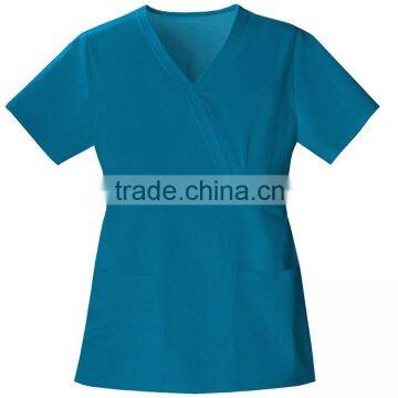 High Quality Hospital Clothes Ladies Medical Uniforms Women's Mock Wrap Scrub Top with Two Patch Pocket and Side Vents