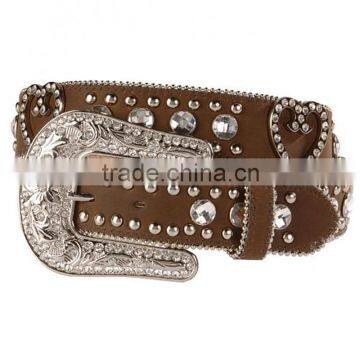 Western cowgirl round rhinestones Brown faux leather belt Bling Heart Belt