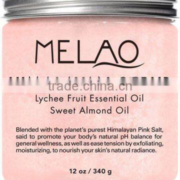 MELAO Himalayan Salt Body Scrub with Lychee Essential Oil, All Natural Scrub to Exfoliate & Moisturize Skin, 12 oz