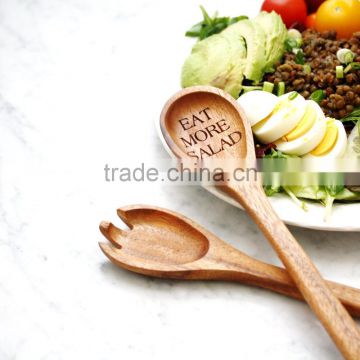 Salad Servers Acacia Wooden Salad Serving Spoon and Fork. Engraved utensils for healthy eating