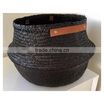 Black seagrass basket with leather handles/ Seagrass basket for home decoration