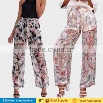 Boho elastic high waist floral pattern plus size chiffon wide leg palazzo long trousers pants for fashion womens