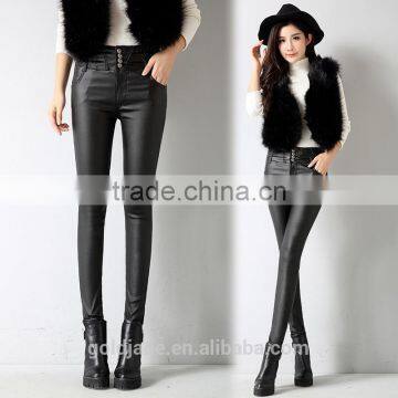 High waist faux leather fleece lined winter leggings black pu coated pants