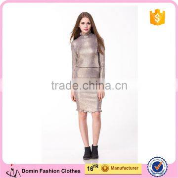 2017 New arrival Metallic Gold Knitted Sweater Long Sleeve Hight Neck Tight Fit Pullover & Skirt Co-ord Set