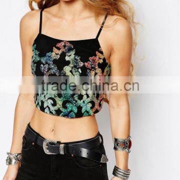 Halter Neck Crop Top Sequins Lace photo-4