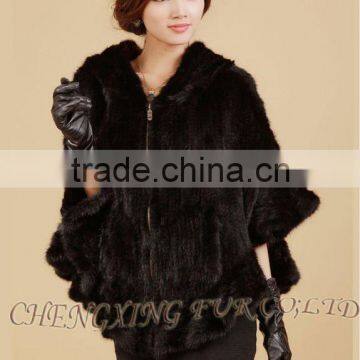CX-B-M-06 Latest Womens Genuine Real Knitted Mink Fur Shawl Hoodied photo-3