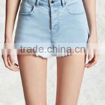 Ladies Fashion High Waist Jeans Shorts Light Blue Washed Denim Shorts photo-3