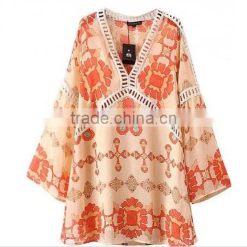 F20011A TRUMPET SLEEVE PRINTED BEACH DRESS WOMEN LACE DRESS