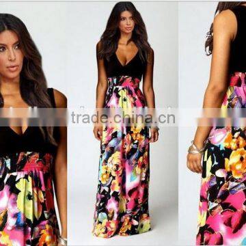 2016 NEW Fashion Print Floral Dress Deep V-neck Sleeveless Maxi Dress photo-5