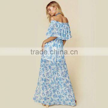 Peony Blue Floral Mumu Dresses 2018 Womans off Shoulder Maxi Dress photo-4