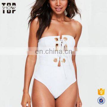 Customized design extreme lace up white swimsuit one piece swimwear