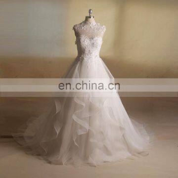 Intellectuality High Collar Lace Beads Sequin Flowers Tiered Long Train Wedding Gown