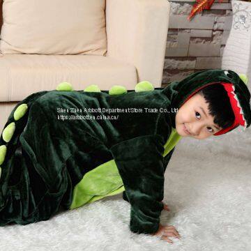 Dinosaur Cartoon Flannel Conjoined Polyester Children Pajamas