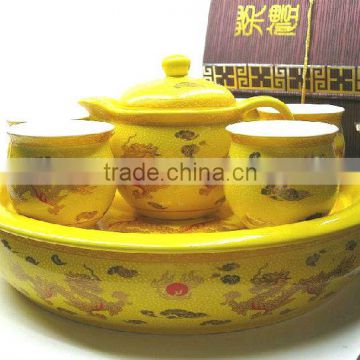 Golden Dragon Ceramic Gongfu Tea Set,Yellow Color