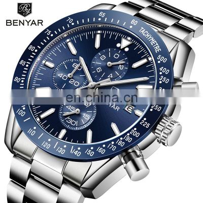 BENYAR BY-5140M Men Luxury Top Brand Analog Quartz Watches Charm Stainless Steel Date Display Wristwatch