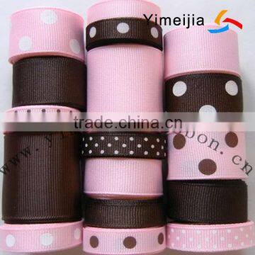 Polka dots printed pink and chocolate grosgrain ribbon