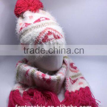 Children popular design fashional winter kintted jacquard hat scarf set