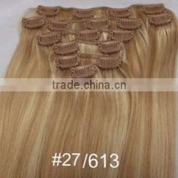 Superme 100% remy human clip in hair extensions,sample order free color ring