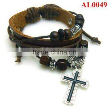 Leather bracelet with beads handmade retro style Jewellery, cross sideway wristband AL0049