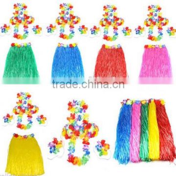 hawaii Grass Skirt Flower Hula Lei Garland Fancy Dress Costume 6 Piece SetBW1693