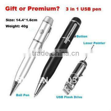 Laser pointer pen USB flash drive,3-in-1 laser pointer+ball point pen+USB pen drive