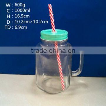 large 1000ml drinking glass bottle glass mason handle jar mug 1 liter