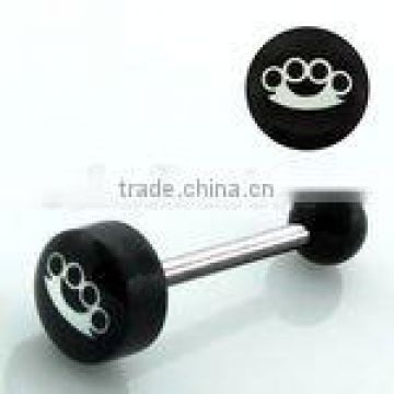 Steel barbell tongue bar with brass knuckle design on black