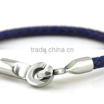 Dark blue braid rope real leather bracelet with stainless steel hook