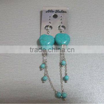 925 Sterling silver blue turquoise heart earring for women-dangle earring with round turquoise beads-solid silver earring hook