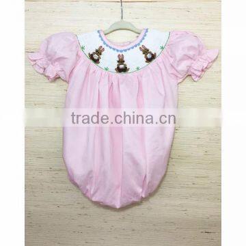 (SM109#pink) Bunnies with baskets smocked pink bubble for children clothing