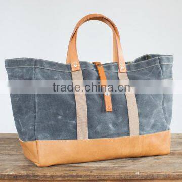 Custom high quality waxed canvas tote bag with leather handles unisex
