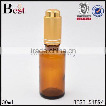 50ml 30ml cosmetic amber and green glass bottle with metal base and press type dropper for essential oil