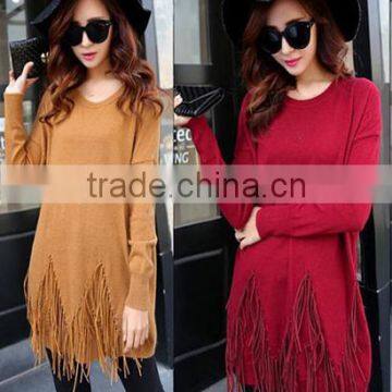 2016latest style long pullover loose sweater dress with tassel