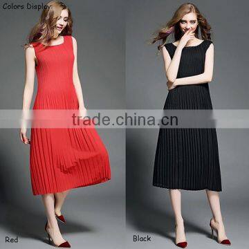 2016 Summer Fashion High Quality Long One Piece Dress Lady Pleated Sleeveless Red Black Maxi Dresses For Women Ladies