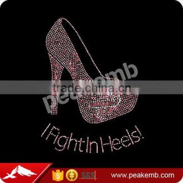 I Fight in Heels Iron on Crystal Applique Pink Ribbon Wholesale Transfers