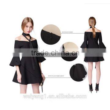 Korean style black elegant bell sleeves prom party sexy women dress
