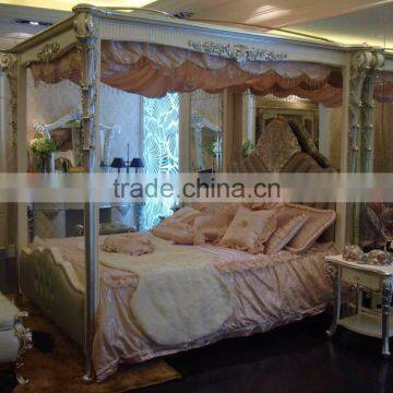 Antique Carved Flower and Leave Designed Leather Canopy Bed, Bisini Neoclassical Silver Foil Wooden Canopy Bed photo-2