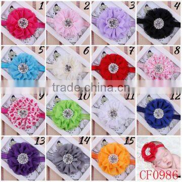 2016 New style newborn baby rhinestone bead center elastic chiffon flower headband wholesale