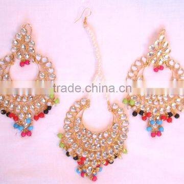 JADAU KUNDAN GOLD PLATED Multicolor Dangler EARRINGS TIKA SET Real Look photo-2