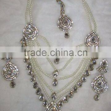 PEARL CRYSTAL RANI HAAR Gold plated BRIDAL necklace EARRING set