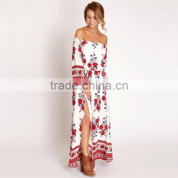 Maxnegio Sexy Long Sleeve Boder Print off Shoulder Midi Evening Dress photo-4