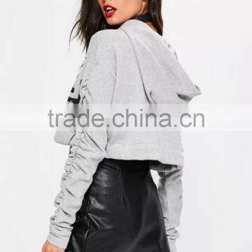 Grey Tie Hem Drawstring Cropped Hoodies Logo Print New Design Fashion Ruched Sleeve Hoodie For Women photo-5