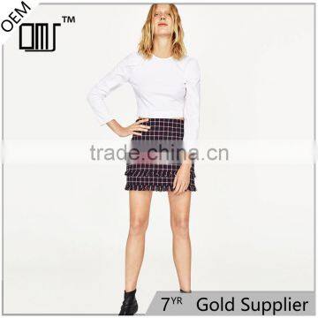 2017 OEM Spring Sexy High-rise Waistline Frayed Tartan Mini Skirt