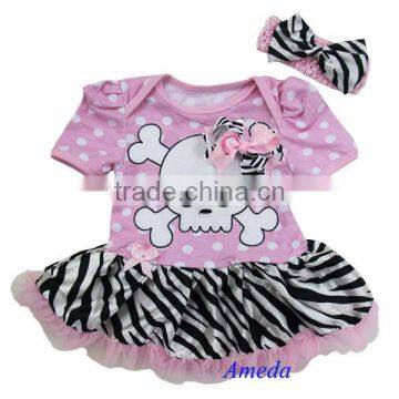 Newborn Baby Pink Polka Dots Zebra Skull Pettiskirt Bodysuit Romper and Headband NB-18M