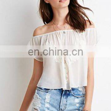 2016 Ladies Sexy Short Sleeve Strapless White Chiffon Shirt Blouses