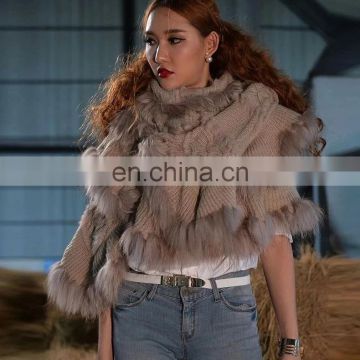 Female formal wear knitted falbala rabbit fur pashmina shawl cape with raccoon trimming