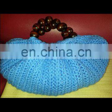 Tote Crochet Bag With Beaded Handle/Blue Flat Bottom Bag With Beaded Handle