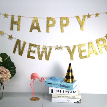 BA070 High Quality 2019 New Year Party Decoration Paper Glitter Happy New Year Flag banner With Star